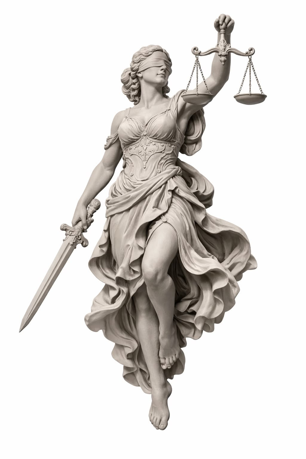 Estátua de Têmis com venda nos olhos, espada e balança da Justiça.